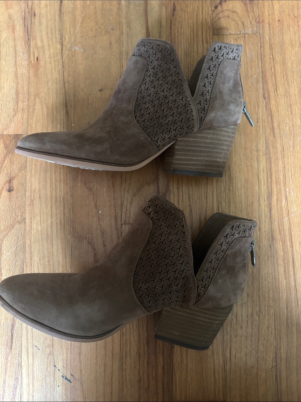 Vince Camuto Taupe Suede Laser-Cut Ankle Booties